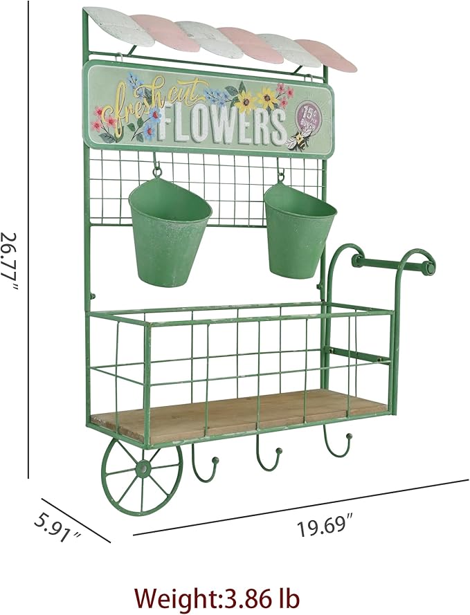 Vintage Wall-Mounted Flower Cart Organizer - Rustic Green Metal & Wood Hanging Planter with 2 Bucket Planters for Indoor/Outdoor Garden, Kitchen, Patio Decor