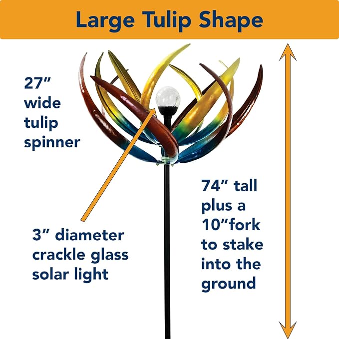 Bits and Pieces Tulip Wind Spinners Outdoor Solar Lighted Metal Wind Spinner, Large Kinetic Garden Sculptures, Crackle Glass Light, Multi-Colored Garden Decor