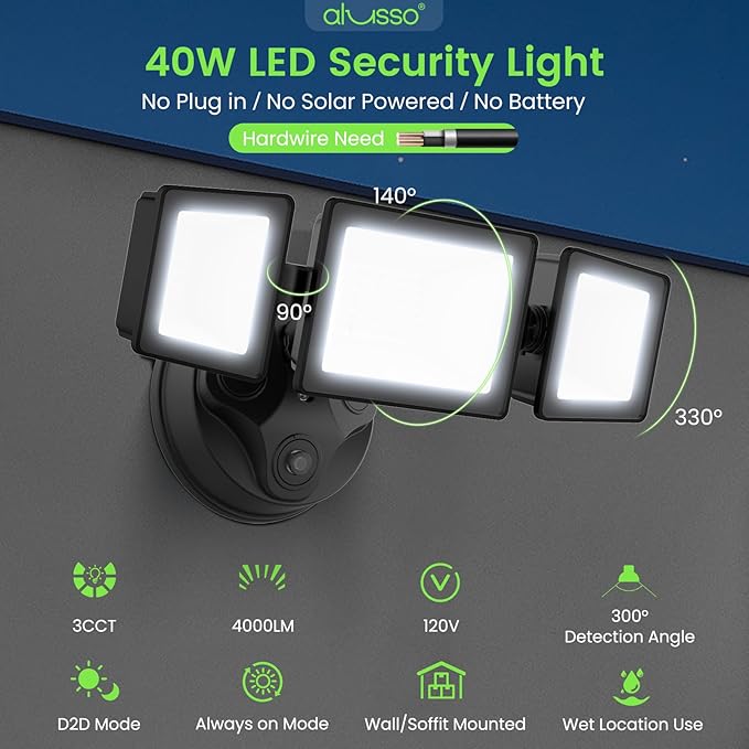 ALUSSO Dusk to Dawn Outdoor Lighting,120V 40W 4000LM Dusk Till Dawn Outdoor Light, 3000K/4000K/6000K 3CCT IP65 3 Heads Security Lights Dusk to Dawn for House Garage Yard Walkway,1 Pack,Black