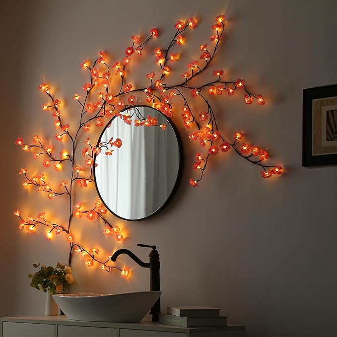 NIDISETPJAS Cherry Blossom Lights with Remote, 7.5 Ft 144 Flowers Enchanted Willow Vine Lights, 18 Branches 144 LEDs Lighted Willow Vine Tree Lights for Walls Bedroom Home Room Decor, Brown Branch