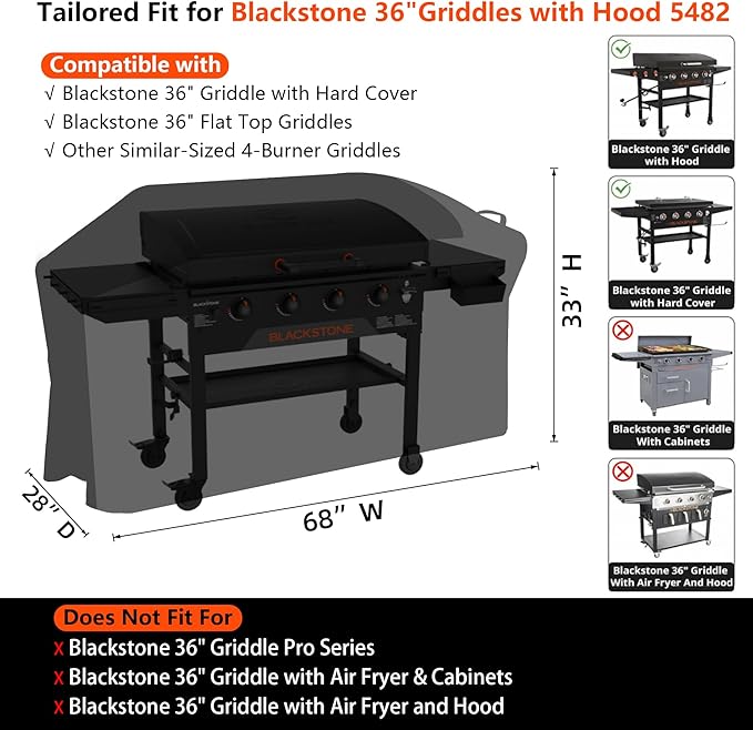 Griddle Cover for Blackstone 36" Griddle with Hood 5482, Upgraded 1000D Heavy Duty Waterproof Flat Top Grill Cover, Tear &Fade Resistant with Buckle &Air Vent, for Blackstone and More 4-Burner Griddle