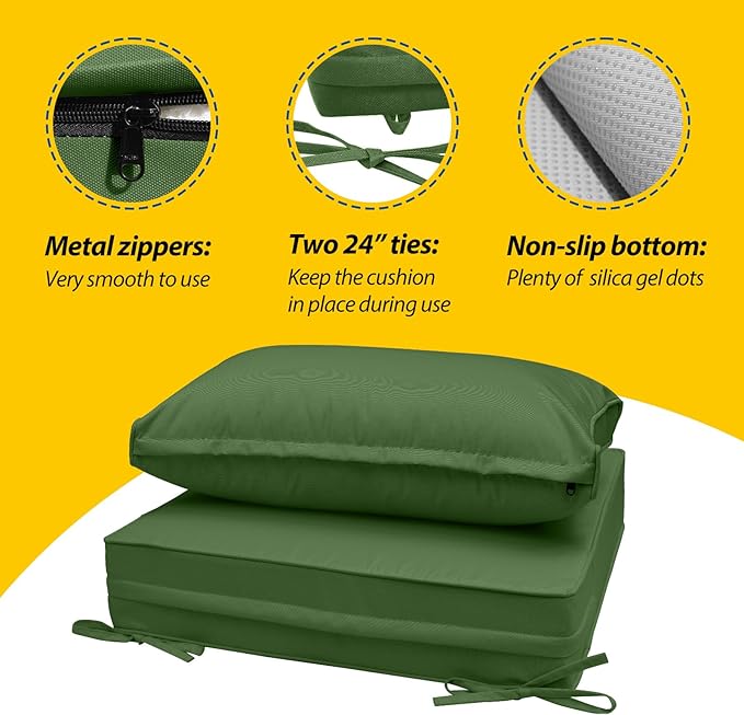 AAAAAcessories Outdoor Seat Cushions for Chairs, Fade-Resistant, Waterproof Patio Furniture Replacement Cushions, 24" x 24" x 5" + 24" x 13.5", Dark Moss Green