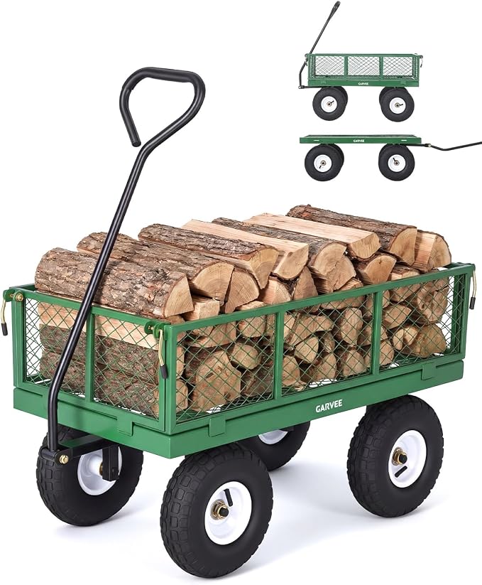 Garvee Versatile Outdoor Utility Cart - 400LBS Heavy-Duty, 10" All-Terrain Pneumatic Tires, Easy Maneuverable Lawn Cart with Removable Mesh Panels for Gardening & Landscaping, Green