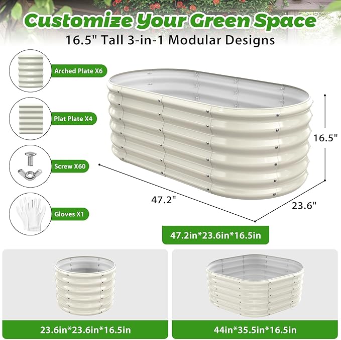 YSEJOMP 17" Tall Outdoor Garden Raised Garden Bed Kits, 4ft X 2ft Oval,0.8MM Thick Metal Raised Planter Bed/Ground Planter Box for Variety of Flowers,Herbs,Vegetables (Cream White, 48X24X16.5 Inches)