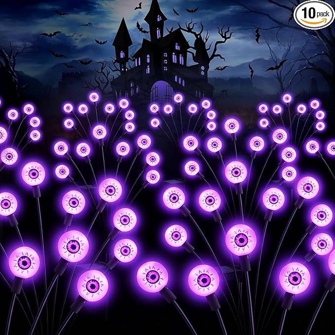 ASMAD Halloween Decorations Outdoor Solar Scary Eyeball Lights, 10Pack 80LEDs Purple Eyeball Swaying Firefly Light, Waterproof Halloween Path Lights for Garden/Yard/Patio/Party Decor