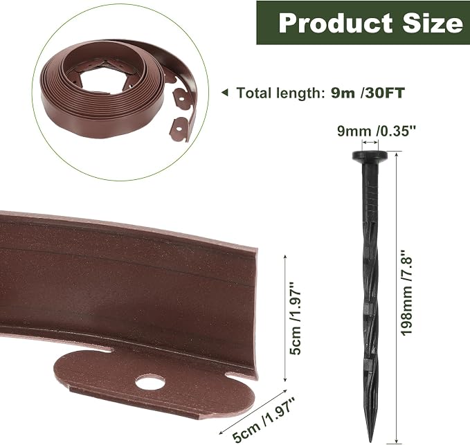 uxcell Landscape Edging, 1Pcs 30FT x 2" - Garden Edging Kit with 27 Stakes, Landscape Edging Border for Garden Lawn Flower Bed Yard Grass (Brown)