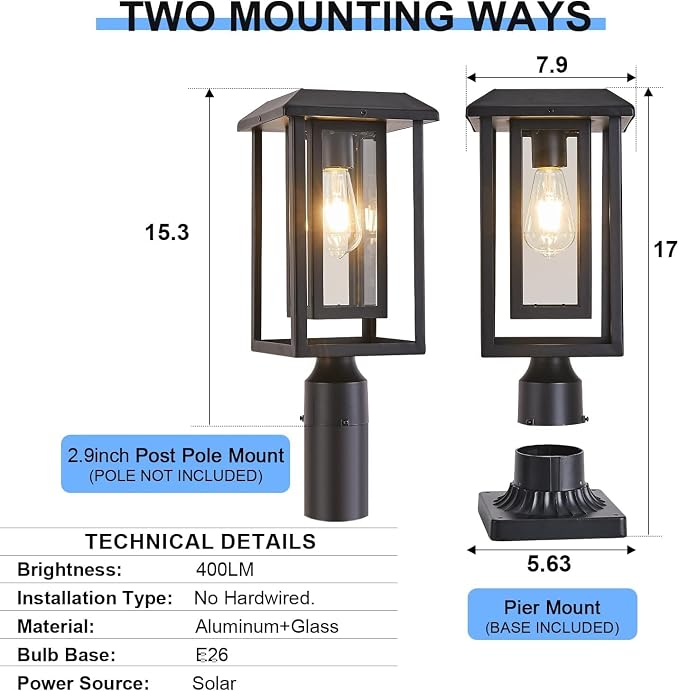 Solar Lamp Post Lights for Outdoor with Pier Mount Base, Waterproof Pole Lights Head with Dusk to Dawn Sensor, Exterior Solar Powered Pillar Lights Fixture for Yard, Garden, Pathway, Black