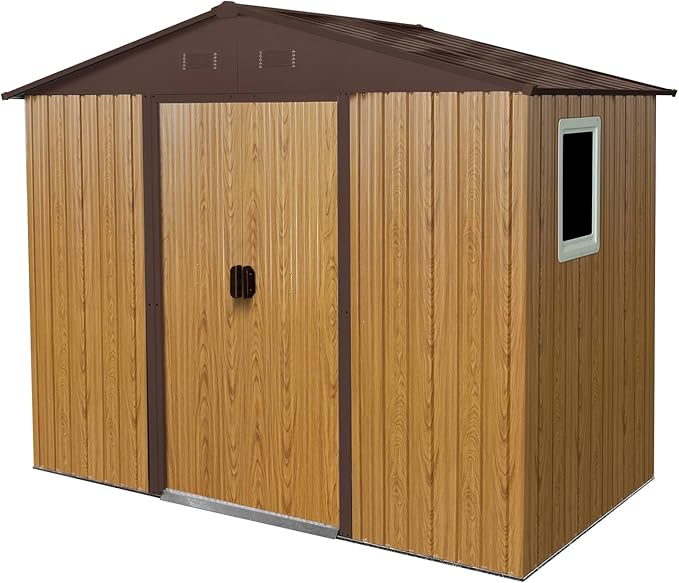 8x4 FT Outdoor Metal Storage Shed with Window, Galvanized Steel Garden Shed, Lockable Sliding Door, Sloped Roof, Ventilated Tool Storage House with Foundation Kit for Backyard Lawn, Coffee