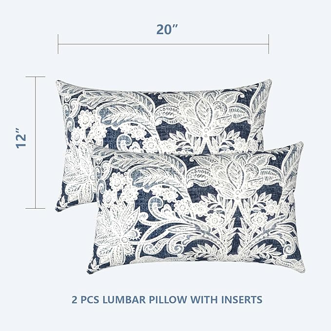LVTXIII Set of 2 Patio Lumbar Pillows, 12" x 20" Fade Resistant Outdoor Lumbar Pillow with Inners, Fluffy Decorative Garden Lumbar Cushions for Home Patio Coach Sofa Use, Damask Lapis