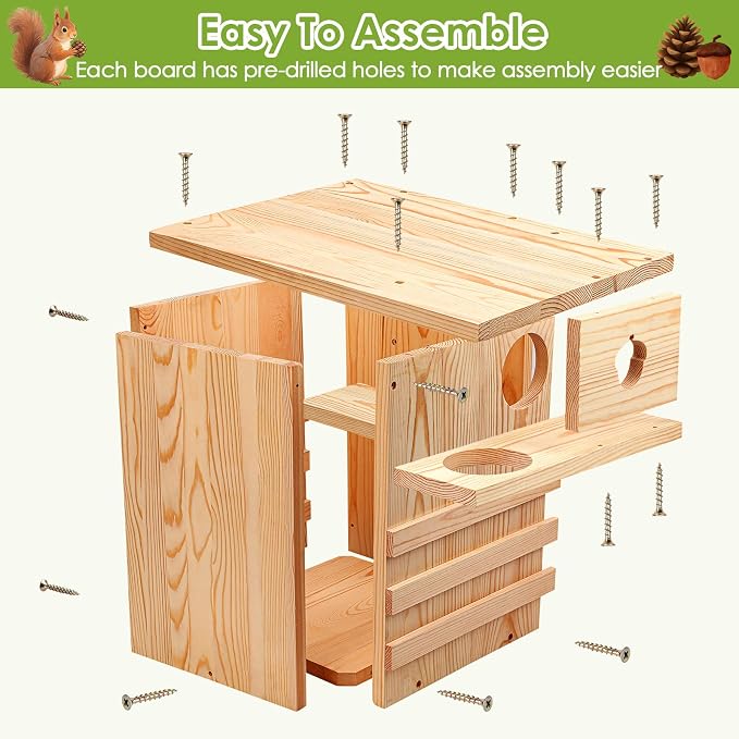 Large Squirrel House for Outside with Predator Guard, Squirrel Nesting Box with Exterior Porch, Easy Assemble Wooden Squirrel Boxes, Suitable for Gray Squirrels, Fox Squirrels, Red and Chipmunks