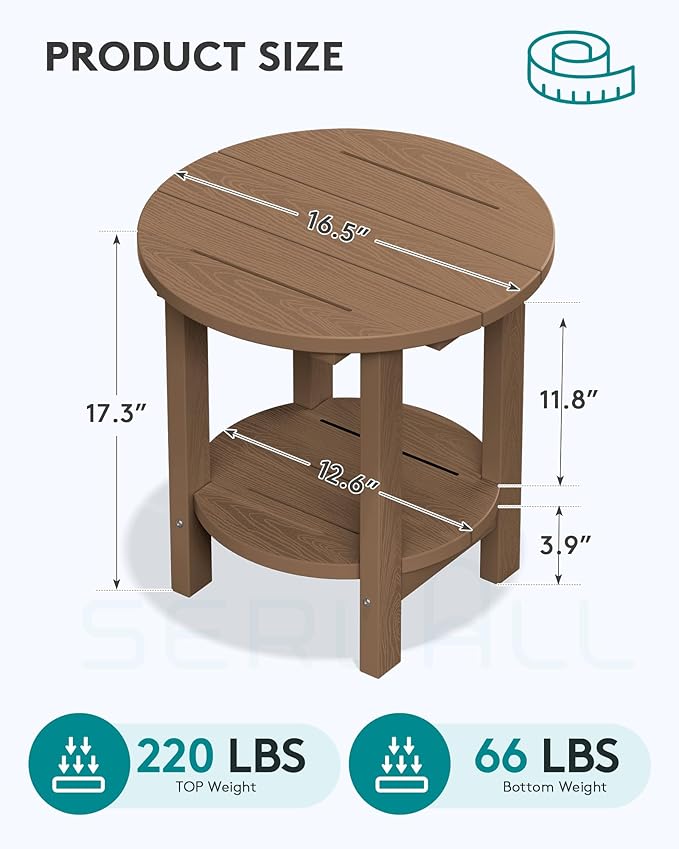 SERWALL Round Outdoor Side Table Set of 2, HDPE Small Adirondack Double End Table, Brown