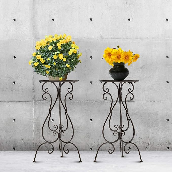 NAKUPE Metal Plant Stand 17in and 23in Tall Flower Pot Stands(Both 2 Pack)(Black&Brown)