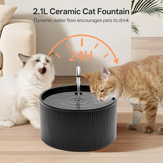 Ceramic Cat Water Fountain, 2.2L/78oz Ceramic Cat Fountain, Automatic Ceramic Water Fountain for Cats, Pet Water Fountain with Ultra-Quiet Pump and 3 Filters & 3 Sponges (Black)