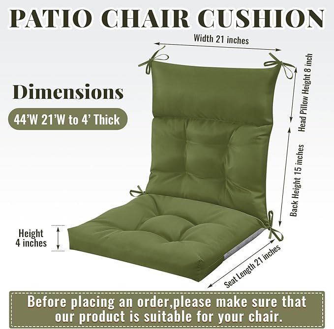 Sintuff 4 Pcs 44 x 21 x 4 Patio Chair Cushions Outdoor Chair Cushion Seat/Back Tufted Pillow with Ties Water Resistant Replacement Indoor Patio Furniture Outdoor Furniture (Solid Color,Moss Green)