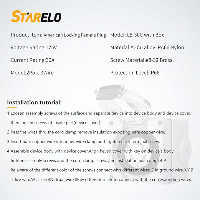 STARELO 30 Amp Locking Female Plug Box NEMA L5-30C Generator Twist Lock Adapter Female Connector,125 Volt,Outdoor dustproof and Weatherproof for generators, Welding Machines, etc.ETL Listed.