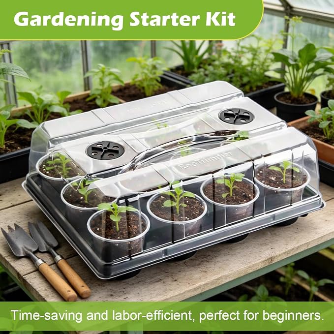 RooTrimmer 5 Pack 12 Cell Nursery Pot Trays with Adjustable Humidity Domes & 4 Inch Clear Pots 60 Pack, Sturdy Seed Starting Kit for Greenhouse Garden, Reusable Plant Growing Germination 5 Sets