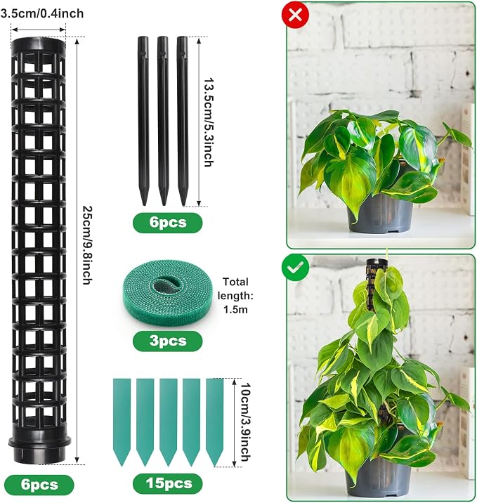 Moss Pole for Climbing Plants Monstera, Indoor Plant Supports, Plastic Moss Stick, Plant Stake for Garden, Extension Aid Climbing Rob (Black, 6pcs 10inch)