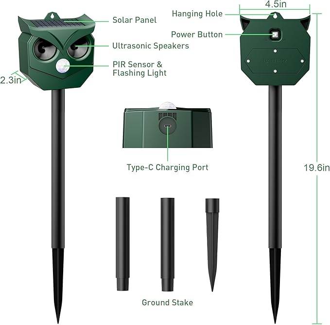 Ultrasonic Animal Repeller with LED Strobe Lights - Outdoor Solar Powered for Squirrels, Deer, Raccoons, Rabbits, Skunks, Cats, Dogs - Protects Garden, Yard, Lawn, Farm & Crops
