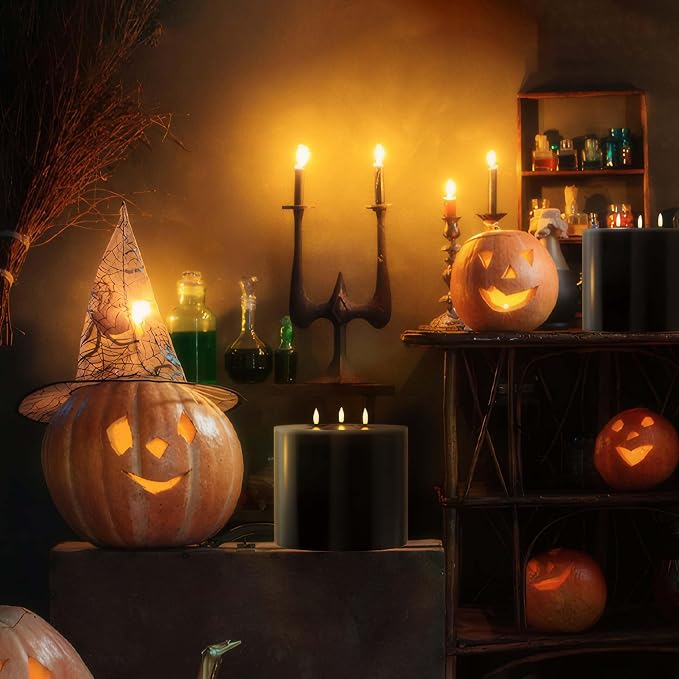 Black Extra Large Flameless Candles 6"x6" Battery Operated Candle with Remote Real Wax 3 Wick Led Candles Flickering Flame Fake Candles for Halloween Harvest Festival Christmas Home Decor