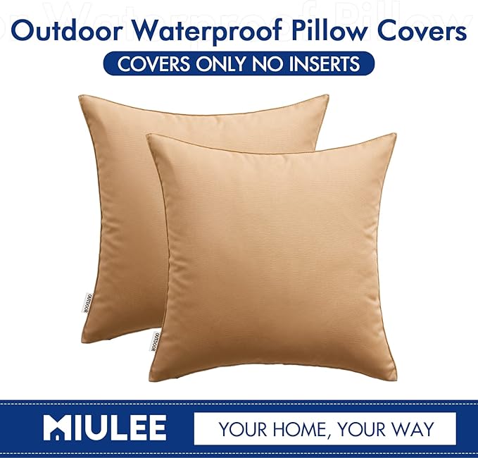 MIULEE Pack of 2 Decorative Outdoor Waterproof Pillow Covers Square Garden Cushion Sham Throw Pillowcase Shell for Spring Patio Tent Couch 20x20 Inch Light Brown