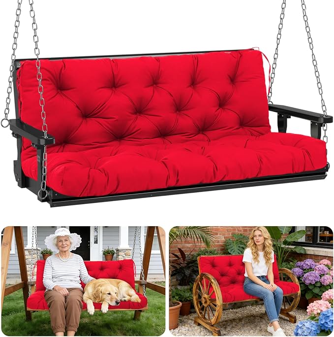 Porch Swing Cushions Outdoor 40 inch x 40 Waterproof Swing Cushions 3 Seater Replacement with Backrest & 8 Ties 5" Thick Bench Swing Cushions for Outdoor Furniture Patio(Red)
