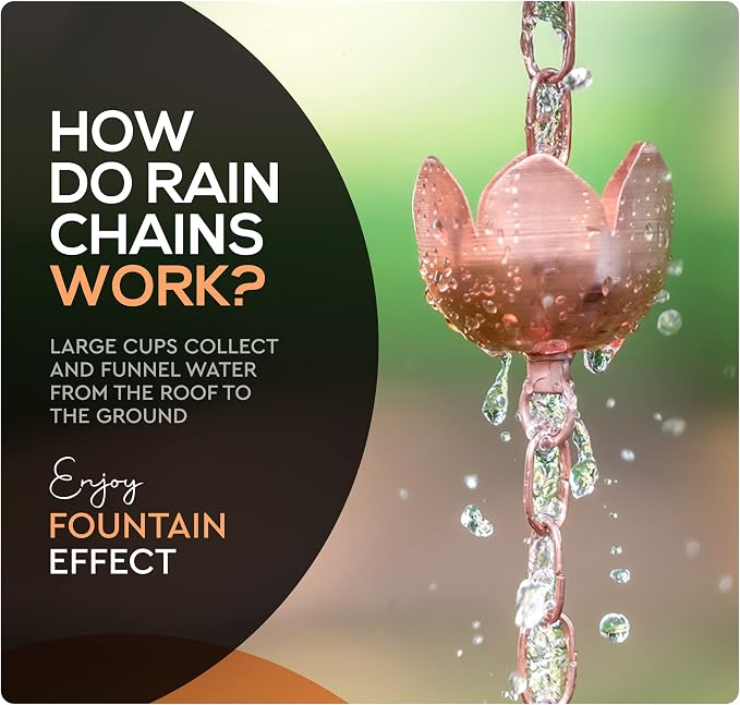 Copper Rain Chain – Decorative Chimes & Cups Replace Gutter Downspout & Divert Water Away from Home for Stunning Fountain Display – for Universal Fit