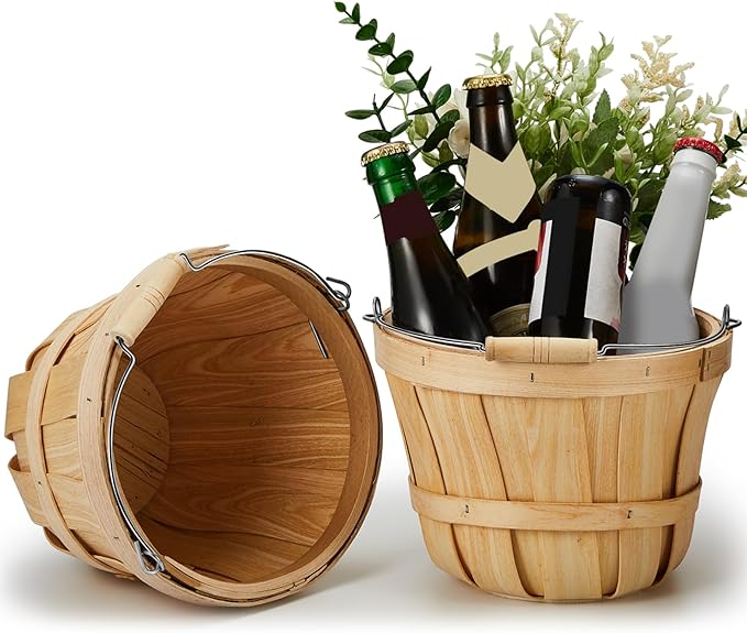 Marsui 1 Pcs Round Wooden Berry Baskets Small Bushel with Handles for Gifts Empty Basket Fruit Buckets for Picking Strawberry Fruits Flowers Crafts Home Wedding (Natural Wood)