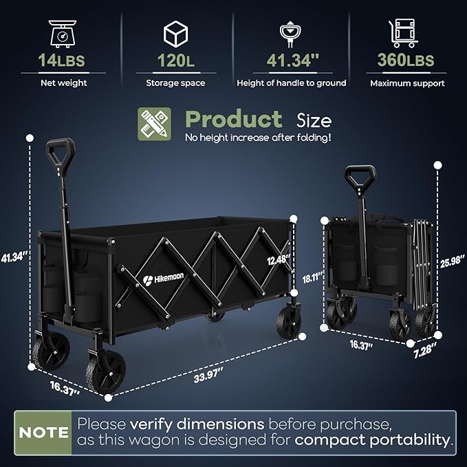 Hikemoon 34'' Extra Long Collapsible Wagons Carts Foldable, 360LBS Heavy Duty Folding Beach Wagon Cart with Wheels, Portable Utility Outdoor Wagon for Grocery, Shopping, Garden, Sports, Camping, Black