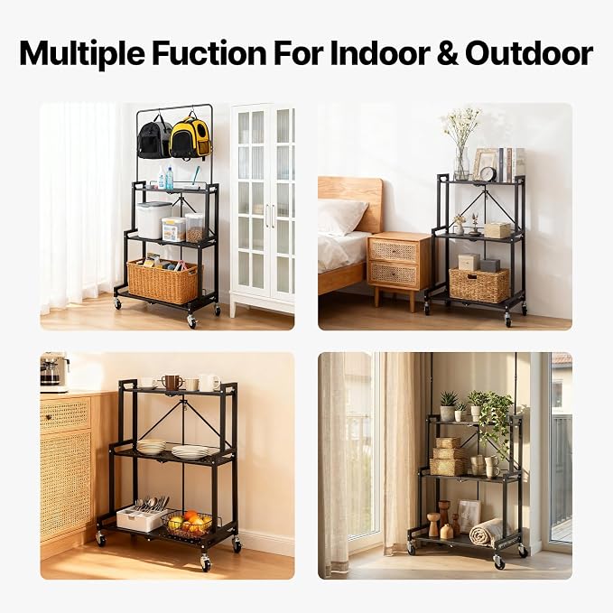 4-Tier Foldable Plant Stand with Wheels, No Tools Assembly, Sturdy Step Shelf for Indoor Outdoor Use, Black– Organize Pots, Save Space, Roll & Store Easy
