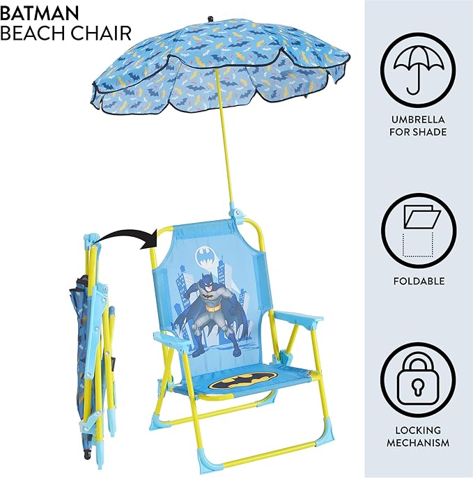 Batman Kids Outdoor Folding Beach Chair with Umbrella,Portable Camp Chair for Ages 3+, Lightweight & Compact for Beach, Camping, and Backyard