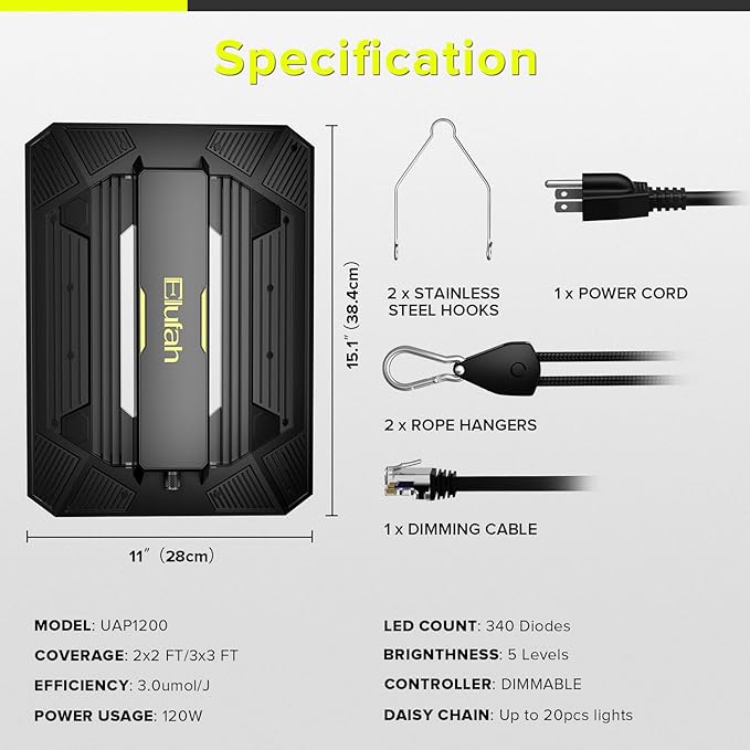 UAP1200 LED Grow Light for Indoor Plants, 120W Plant Lights with Commercial Full Spectrum, Dimmable, High Efficiency, Deeper Penetration Growing Lamps for Seedlings Veg Bloom in 2x2, 3x3 Grow Tent