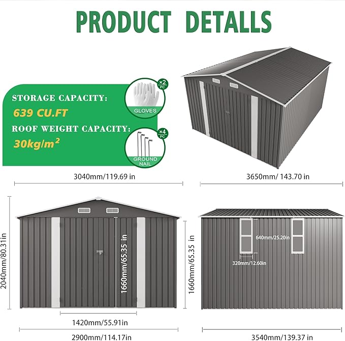 KEIKI 10x12 FT Outdoor Metal Storage Shed with Vent,2 Window and 2 Swing Door,Sloped Roof for Patio Backyard Bicycles