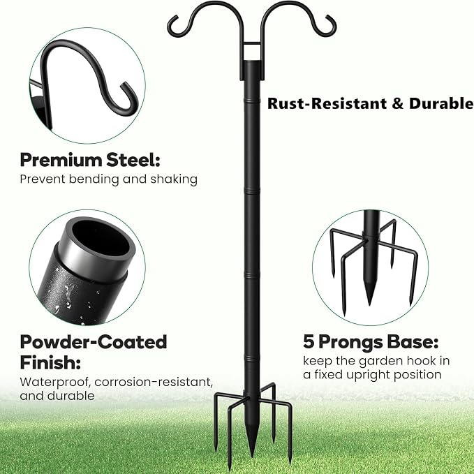 BEAU JARDIN Double Shepherds Hooks for Outdoor 76”2 Pack Adjustable Shepard for Garden Hummingbird Bird Feeder Pole 5 Prong Base Heavy Duty Metal Plants Hanger Lanterns Wind Chime Wedding for Outside