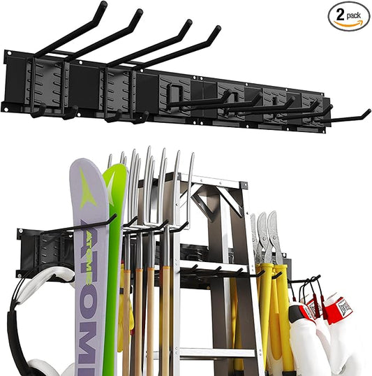 32 Inches Garage Organization,Wall Mount Garden Tool Organizer, 440lbs Adjustable Heavy Duty Metal Hanging Hooks, Garden Tool Hangers Storage Rack for Garage, Yard, and Shed (2 Racks, 6 Hooks)