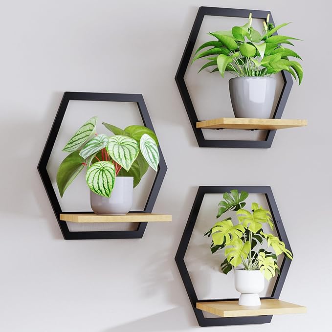 3 Pack Solid Wood & Heavy Duty Metal Wall Plant Stands,9 inch Natural Wood Shelf, Boho Arch Hanging Planter for Indoor 25 LB Load for Plants Black