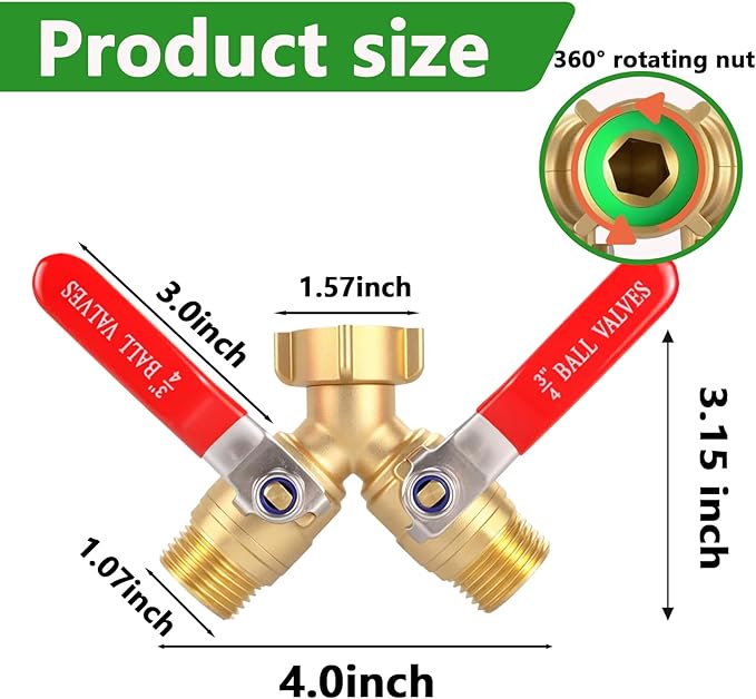 Ceaeso Brass Garden Hose Splitter 2 Way Heavy Duty, Y Valve Hose Splitter With Stainless Steel Long Handle, 3/4" GHT Thread Y Valve Water Garden Hose Tap Adapter