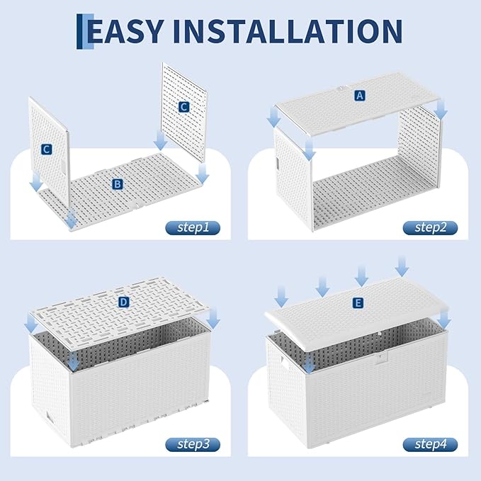 73 Gallon Waterproof Large Resin Deck Box Indoor Outdoor, Lockable Storage Container for Patio Furniture Cushions, Throw Pillows, Garden Tools, and Pool Floats, White 44.5"L * 21.1"W * 22"H