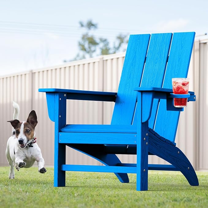 Modern Adirondack Chair with Cup Holder, HDPE Plastic Patio Chairs for All Weather, Fire Pit Chair, Outdoor Lawn Chairs for Deck, Porch, Backyard, Garden, Royal Blue