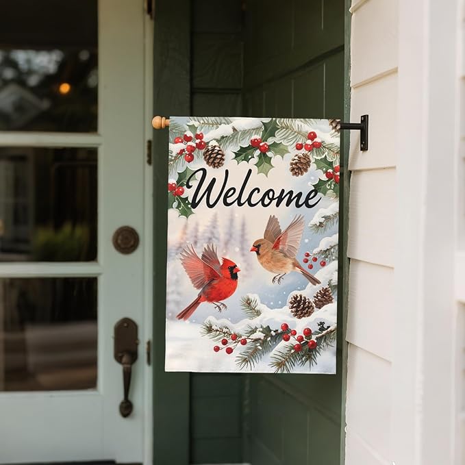 Welcome Winter House Flag 28x40 Inch Cardinal Bird Xmas Holiday Seasonal Theme Decorative Garden Flags for Outside Double Sided Outdoor Home Farmhouse Decoration Porch Yard New Year Decor