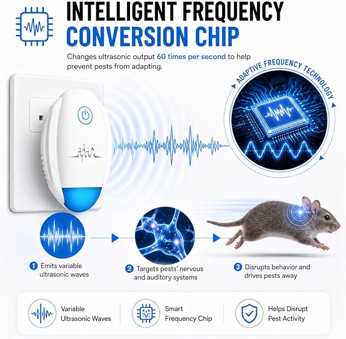 2026 Upgraded Ultrasonic Repeller, Indoor Ultrasonic Repellent, Electronic Plug in Pest Control for Bugs,Mosquito,Roach, Ant, Rodent, Mouse, Spider Repellent for House, Warehouse, Garage (White)