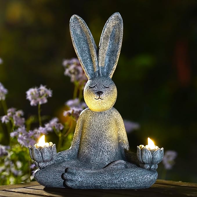 Goodeco Zen Rabbit Statue with Solar Lotus - Garden Yoga Bunny | sitting meditating rabbit serene resin figurine for patio, yard, lawn ornaments, home or outside