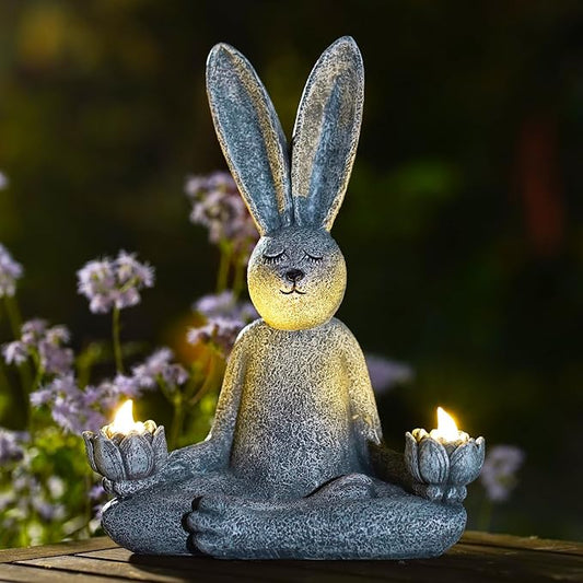 Goodeco Zen Rabbit Statue with Solar Lotus - Garden Yoga Bunny | sitting meditating rabbit serene resin figurine for patio, yard, lawn ornaments, home or outside