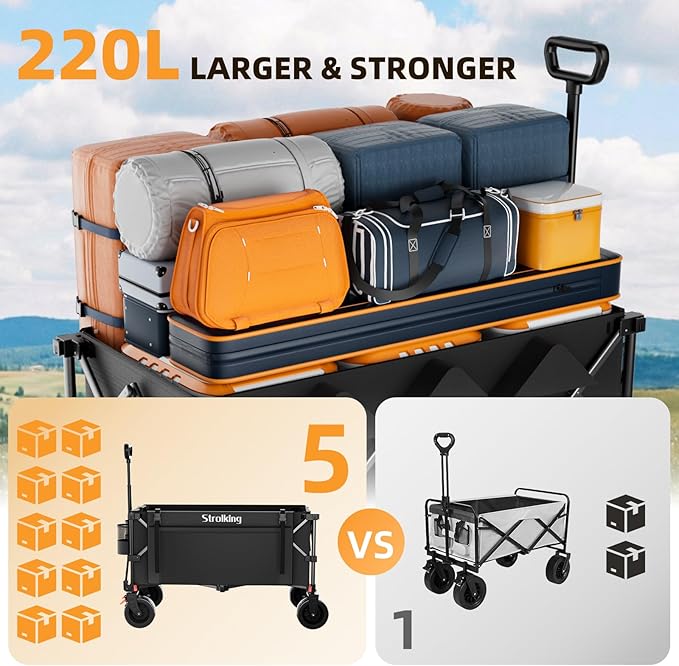 220L Collapsible Wagon Cart, 39" L Extended Frame and 440Lbs Heavy Duty, Lightweight 15lbs Folding Garden Cart with Silent All-Terrain Wheels for Beach, Camping Grass and Grocery, Black