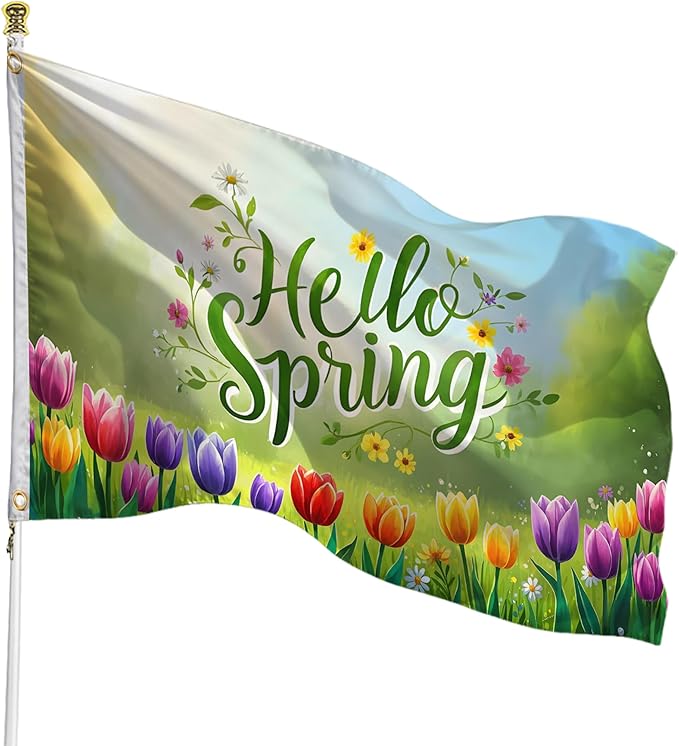 Hello Spring Flag 3x5 Ft, Double Sided Garden Banner with Colorful Tulips and Flowers, Outdoor Yard, Porch, Lawn & Patio Decoration, Seasonal Welcome Flag for Home, Durable Polyester with 2 Brass Grommets