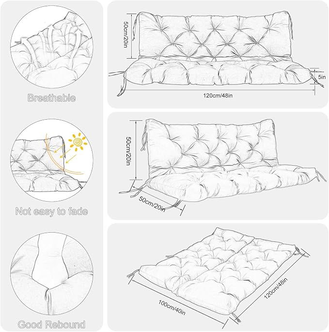 Porch Swing Cushions Outdoor 48 inch x 40 Waterproof Swing Cushions 3 Seater Replacement with Backrest & 8 Ties 5" Thick Bench Swing Cushions for Outdoor Furniture Patio(Dark Gray)