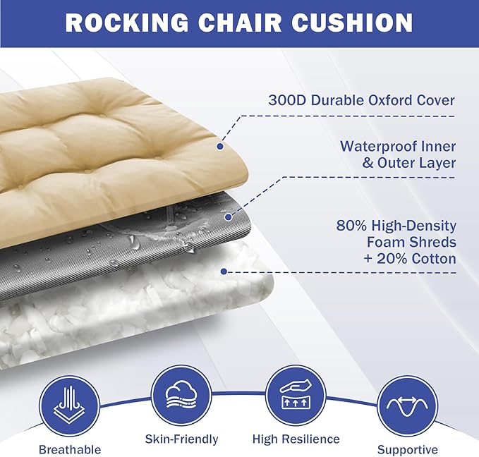 IPYNBAP Rocking Chair Cushion, Waterproof and Fade-Resistant Patio Chair Cushions, Tufted Chair Pads for Rocker Furniture, 17x17 Inch, Indoor/Outdoor Seat Cushions with Ties, Beige (Pack of 2)