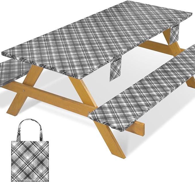 Fitted Waterproof Picnic Table Cover with Bench Covers Heavy Duty Elastic Outdoor Camping Tablecloth for 8 Foot Rectangle Tables Summer Rv Accessories Patio Garden Road Trip Essentials Gifts