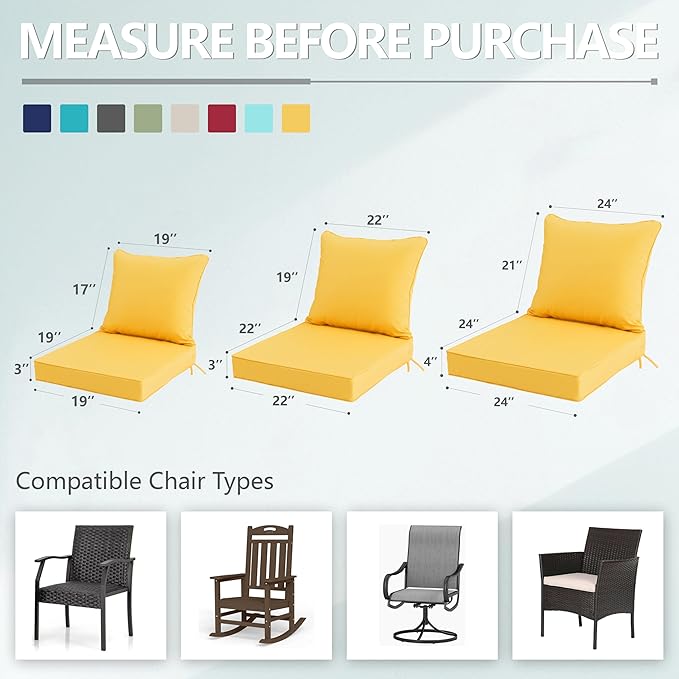 22x22 Inch Patio Chair Cushions Set of 2, Outdoor Furniture Cushions - Removable Cover, Water-Repellent, Fade-Resistant, Non-Slip Bottom & Straps, Replacement for Lawn, Porch & Deck Chair - Yellow