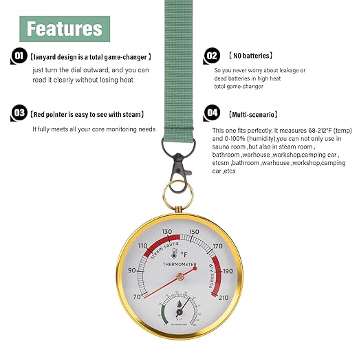Andelov Sauna Thermometer and Hygrometer (Fahrenheit) with Lanyard Mount, Portable Temperature & Humidity Monitor for Steam Sauna Box, Infrared/Indoor/Home Sauna Accessories