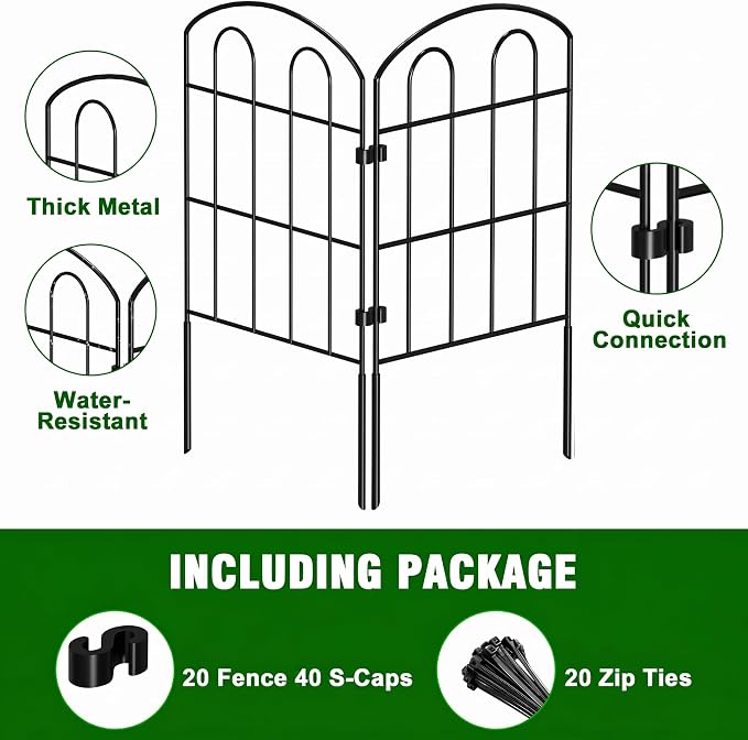 CADUKE 20 Pack Garden Fence Border, 24in x 22ft | Rustproof Metal, No Dig Fence Panels, Heavy Duty Arched Wire Border Edging, For Dogs
